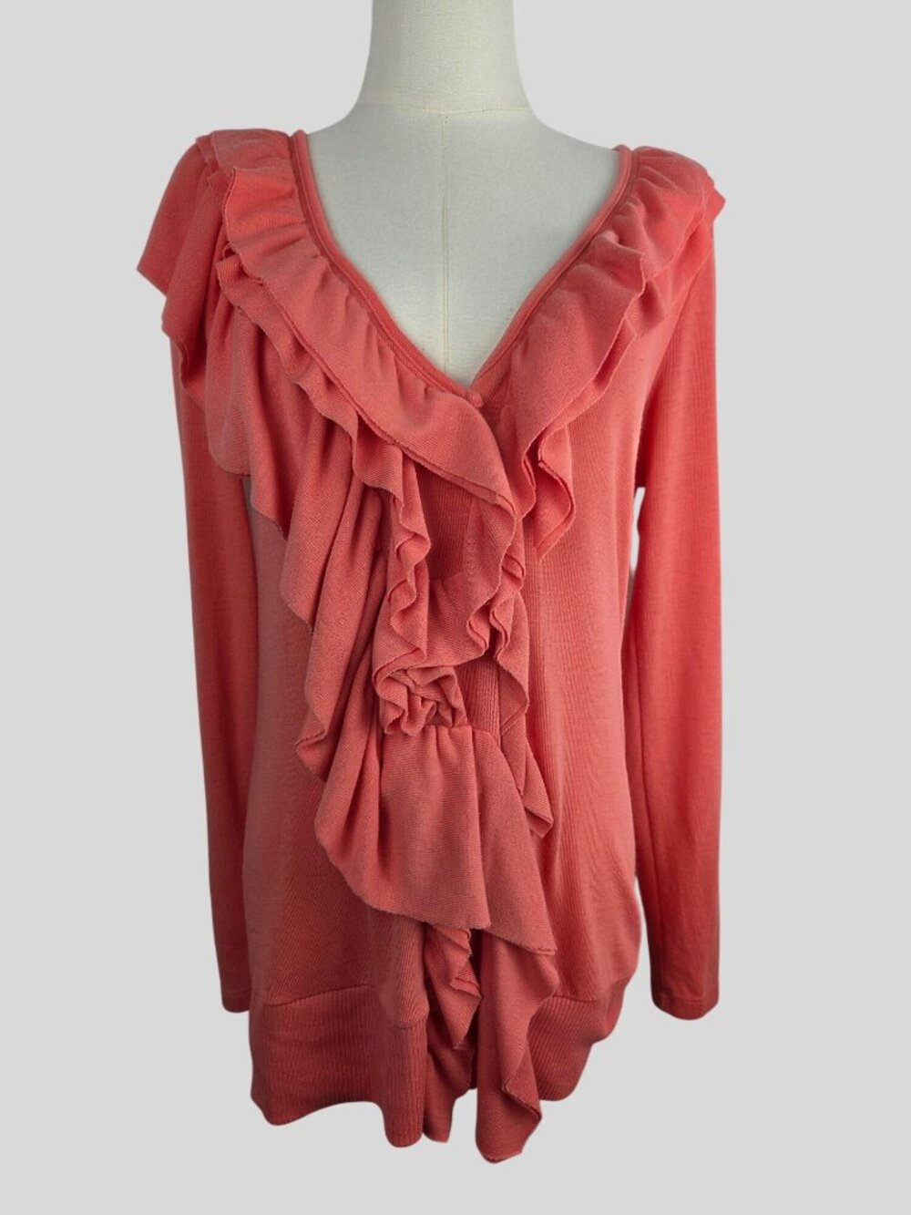 Boston Proper Vtg Coral Ruffled Cardigan Sweater Medium‎